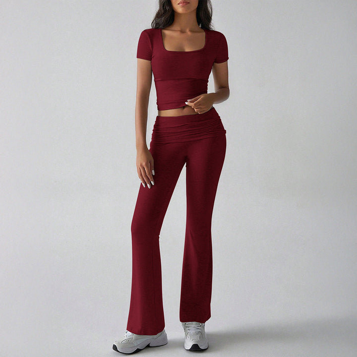 Women’s Two-Piece Set – Slim Fit Crop Top & Flared High-Waist Pants – Stretch Knit