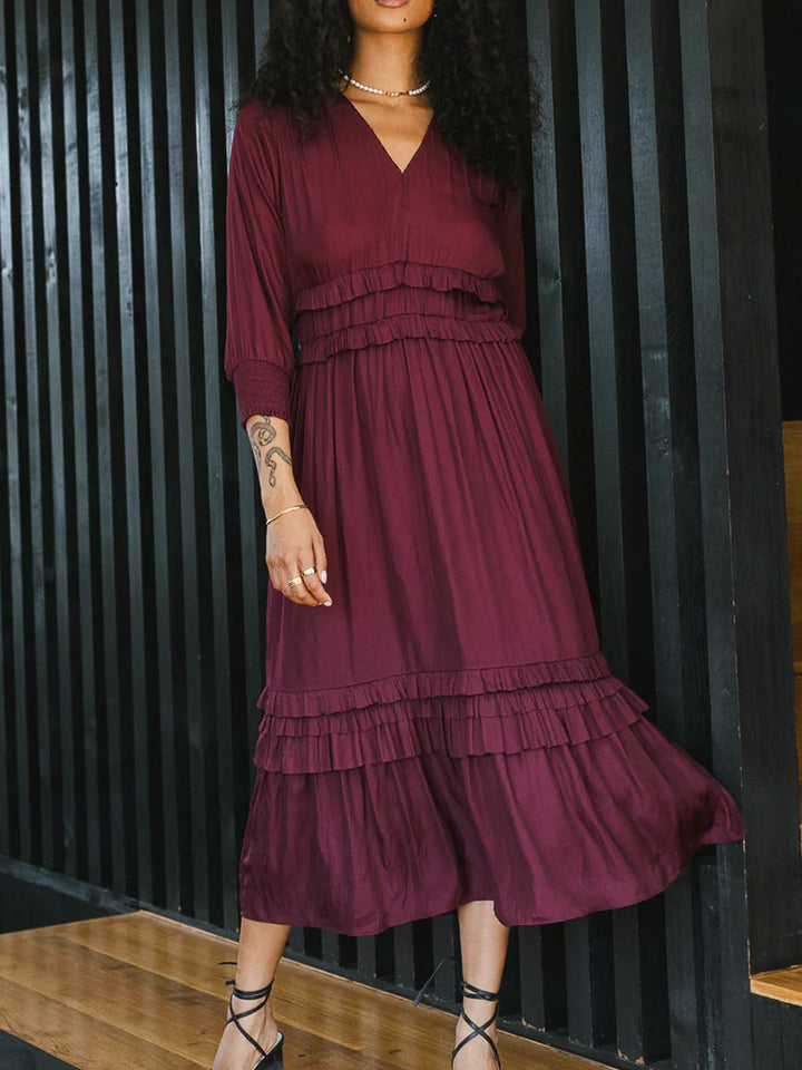 Women’s Midi Dress – V-Neck Relaxed Fit – Tiered Ruffle – Long Sleeve – Breathable Blend