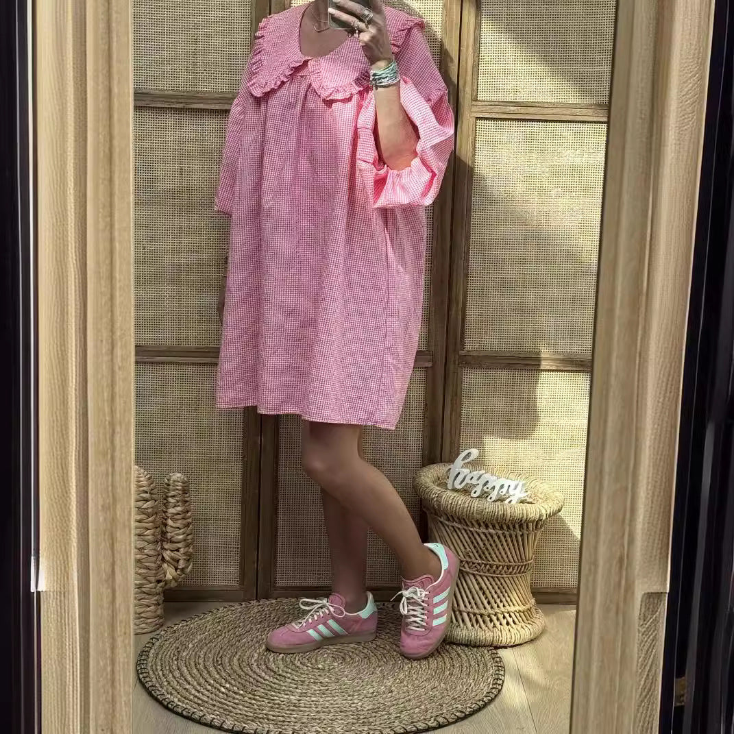 Women’s A-Line Dress - Checkered Cotton - Frilled Collar - Puff Sleeve Casual Fit