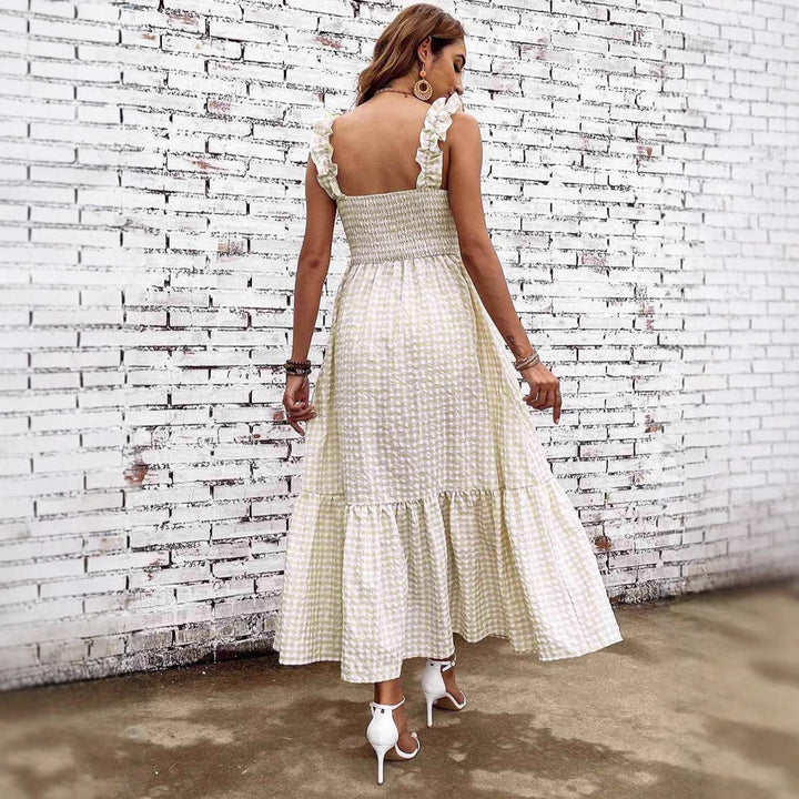 Women’s Midi Dress – Gingham Pattern – Smocked Bodice – Ruffled Straps – Flowy Skirt