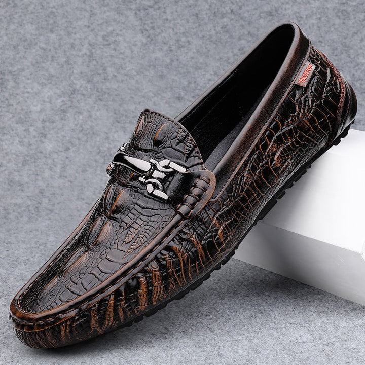 Men’s Loafers – Crocodile-Embossed Leather – Slip-On – Metal Buckle – Luxury Fit
