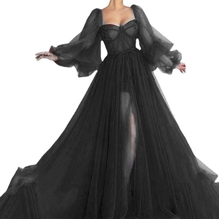 Women’s Evening Dress – Luxury Tulle – Sweetheart Neckline – Voluminous Sleeves – Side Slit