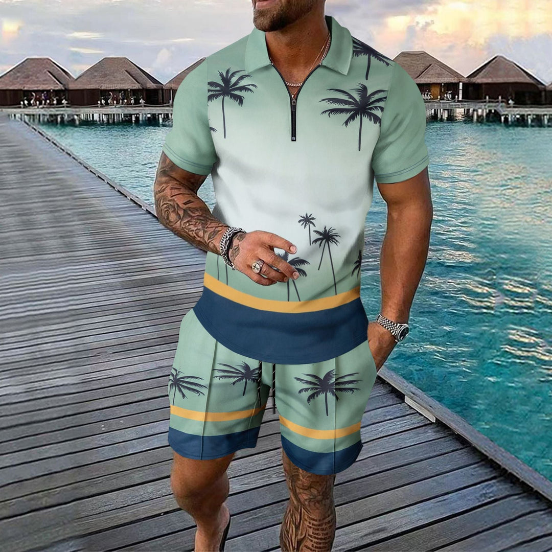 Men’s Two-Piece Set – Slim Fit – Cotton Blend – Zip Neckline – Tropical Print