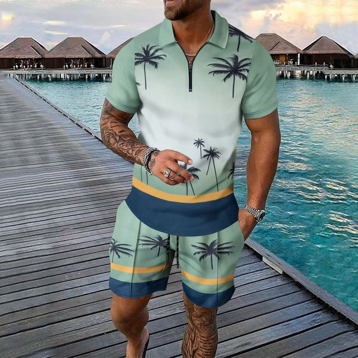 Men’s Two-Piece Set – Slim Fit – Cotton Blend – Zip Neckline – Tropical Print