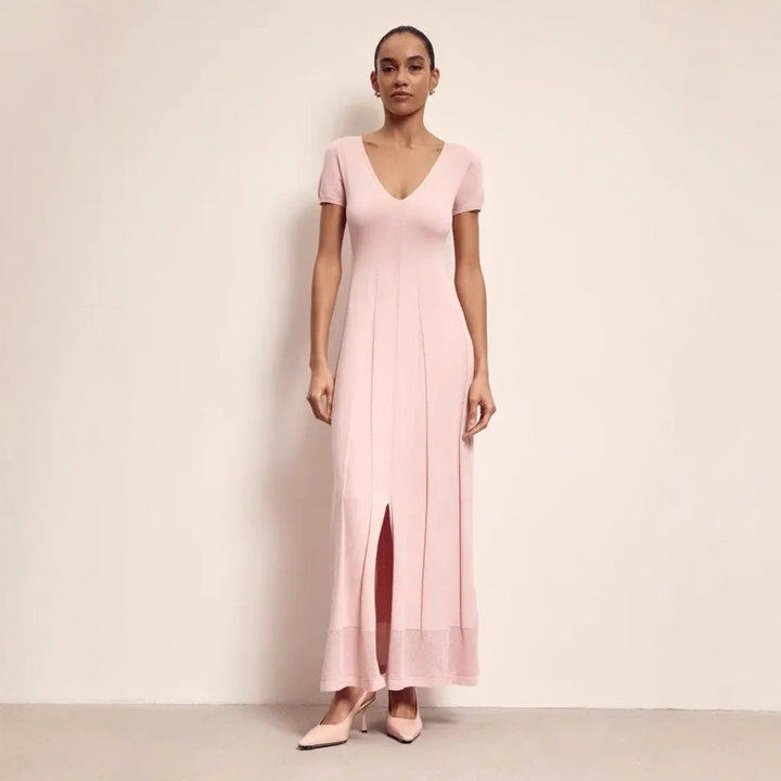 Women’s Maxi Dress - V-Neck - Short Sleeve - Fitted Bodice - Front Slit Flowing Hem