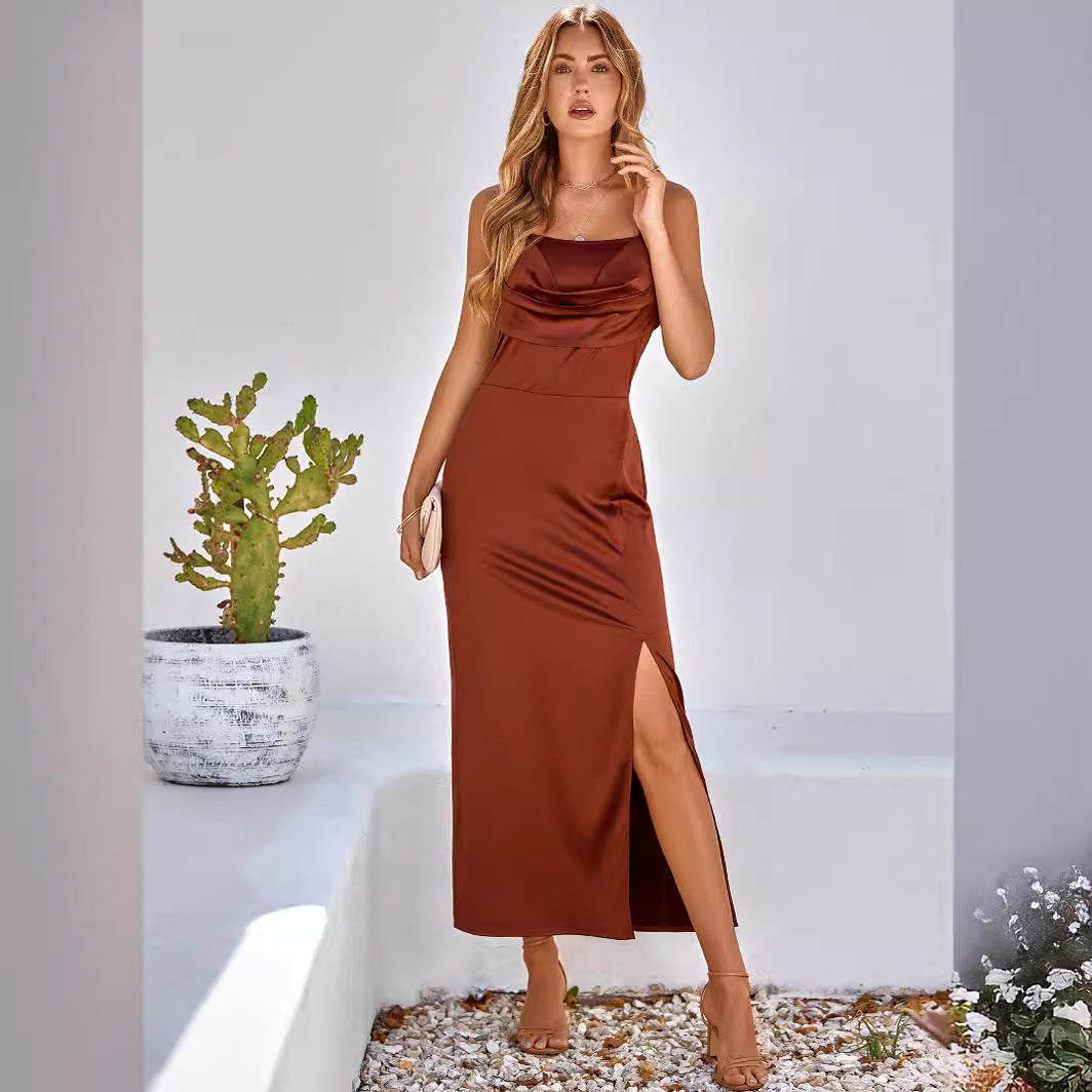 Women’s Evening Gown – Satin Finish – Cowl Neck – Spaghetti Straps – Side Slit – Floor Length