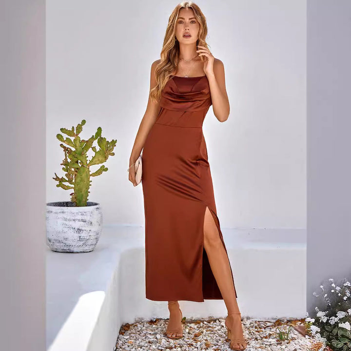 Women’s Evening Gown – Satin Finish – Cowl Neck – Spaghetti Straps – Side Slit – Floor Length
