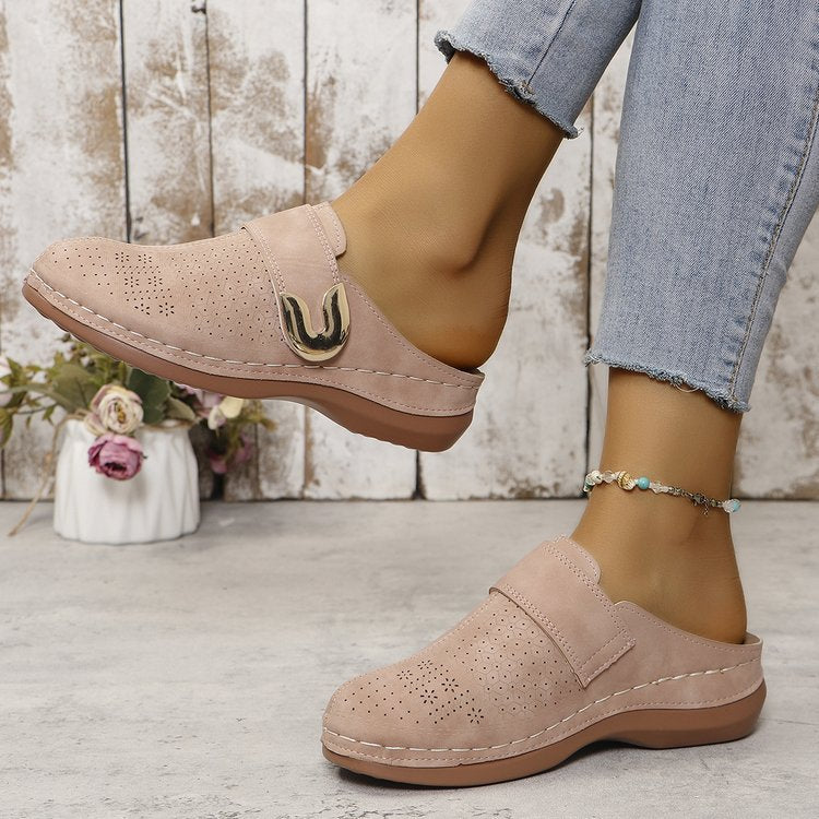 Women’s Mule Sandals – Slip-On Comfort – Perforated Upper – Decorative Buckle