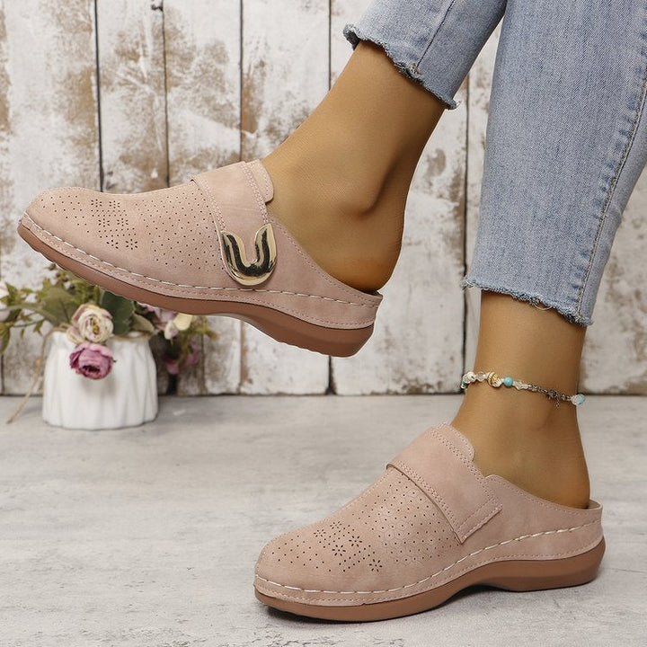 Women’s Mule Sandals – Slip-On Comfort – Perforated Upper – Decorative Buckle