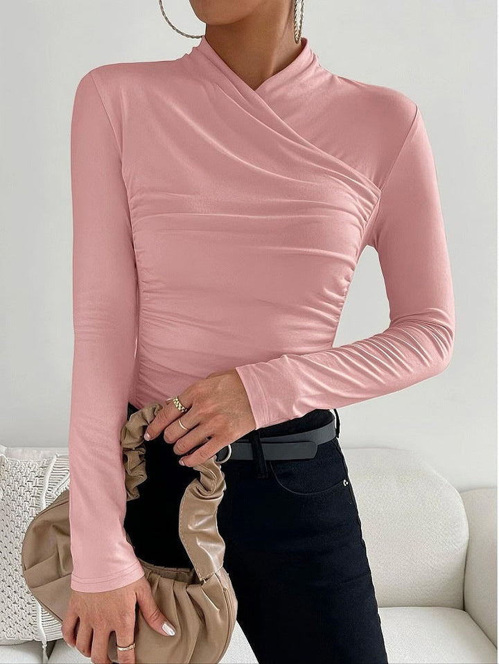 Women’s Long Sleeve Top – Fitted Wrap Design – V-Neck – Ruched Side – Stretch Fabric