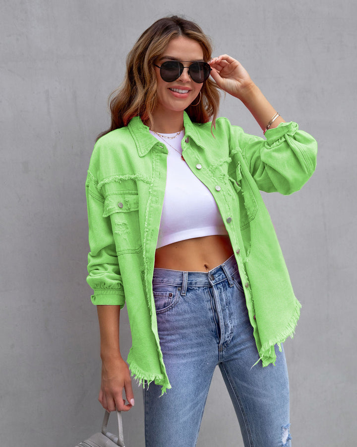 Women’s Denim Jacket – Oversized Fit – Mid Length – Distressed Frayed Casual Layer