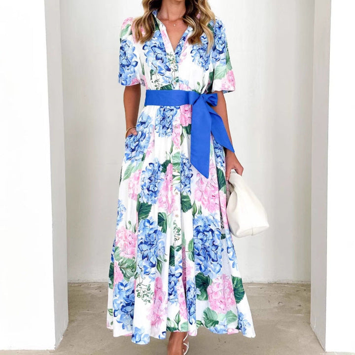 Women’s Maxi Dress – V-Neck – Short Sleeve – A-Line Fit – Waist Tie – Flowing Skirt