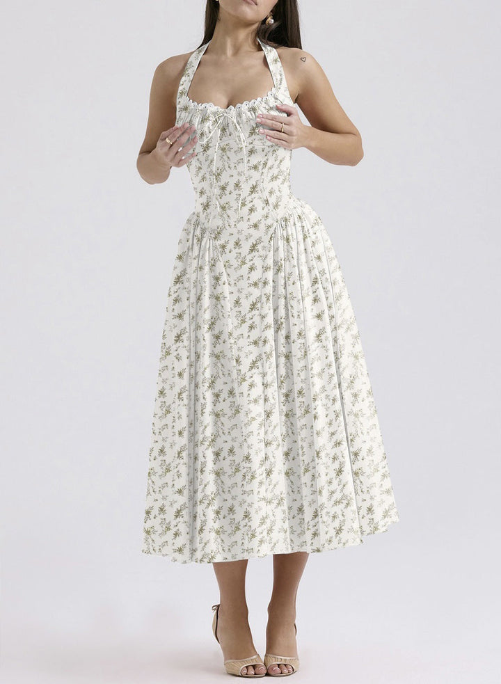 Women’s Halter Neck Dress – Satin Feel – Fitted Bodice – Gathered Bust – Midi A-Line Skirt