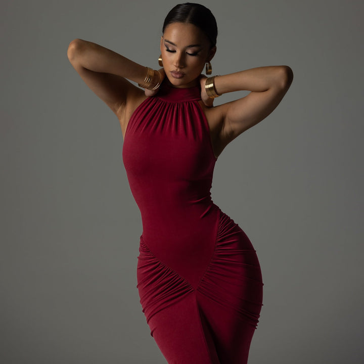 Women’s Bodycon Dress – Halter Neck – Ruched Stretch Fit – Sleeveless Elegant Wear