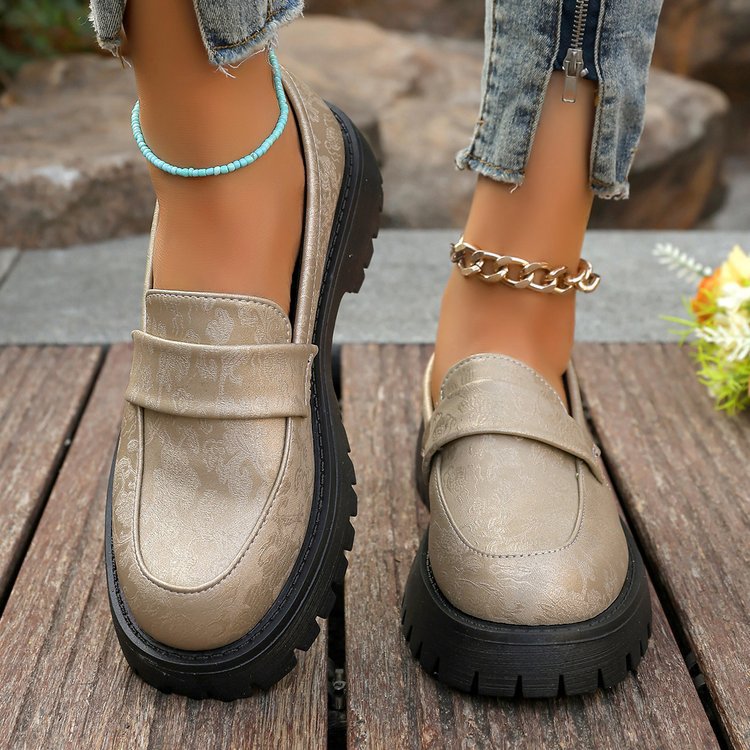 Women’s Loafers – Embossed Pattern – Round Toe – Chunky Platform – Slip-On Casual Fit