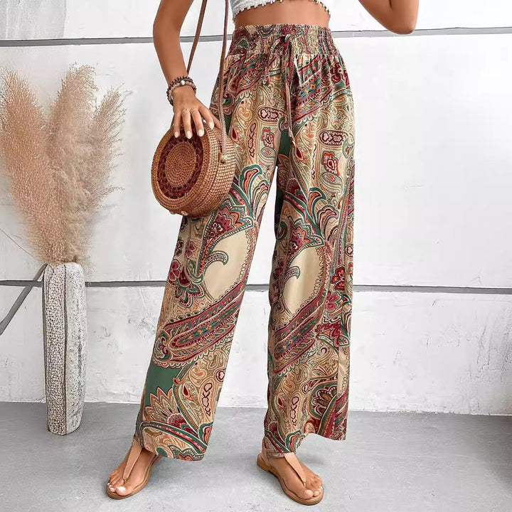 Women’s Wide-Leg Pants – Relaxed Fit – Elastic Waist – Breathable Blend – Boho Print