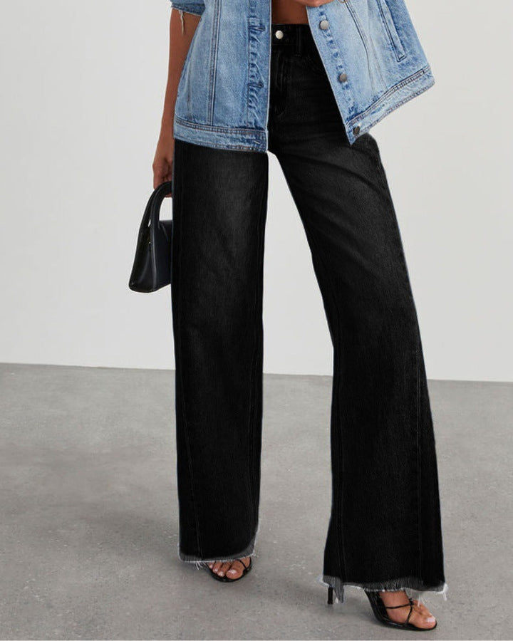 Women’s Wide-Leg Jeans - High Waist - Relaxed Fit - Raw Hem Casual Style
