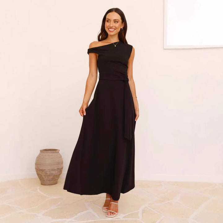 Women’s Maxi Dress – One-Shoulder Neckline – Waist Belt – A-Line Silhouette – Elegant Fit