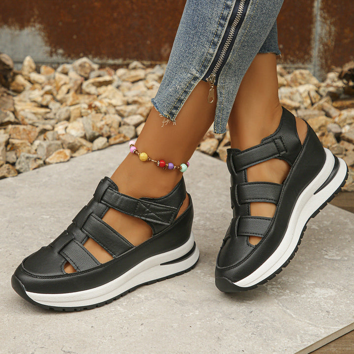 Women’s Wedge Sandals - Closed Toe - Platform Sole - Cut-Out Design - Adjustable Strap
