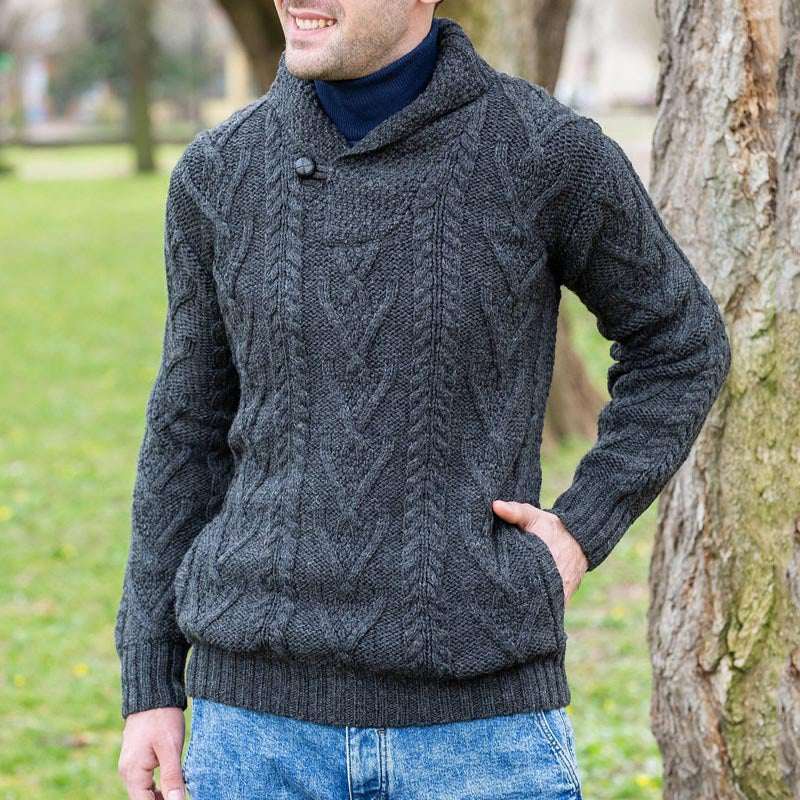 Men’s Pullover Sweater – Cable Knit – Relaxed Fit – Shawl Collar with Button Detail