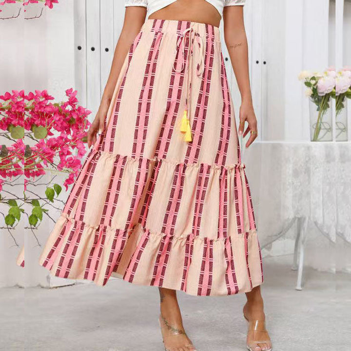 Women’s Maxi Skirt - Cotton Blend - Tiered Boho Fit - Fringe Waist - Flowing Silhouette