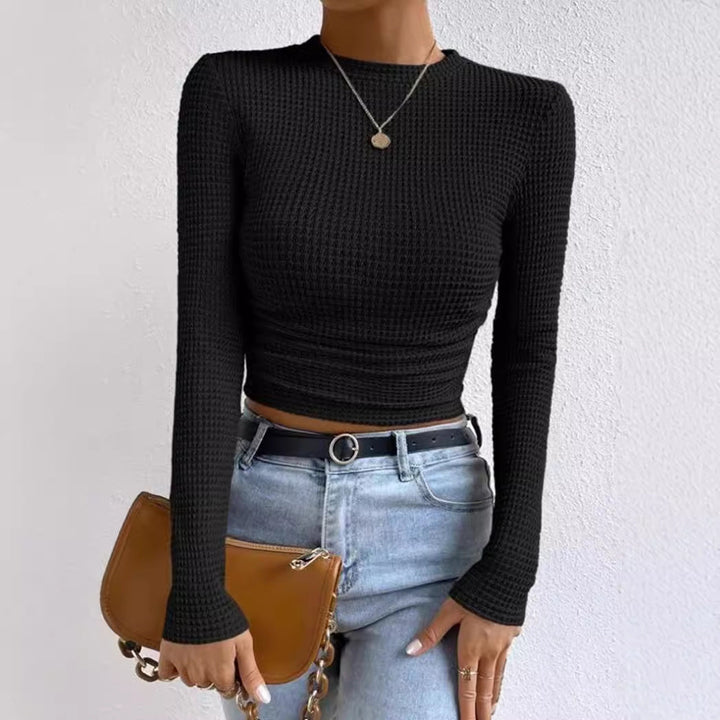 Women’s Long Sleeve Crop Top – Slim Fit – Soft Waffle Knit – Ruched Front Detail