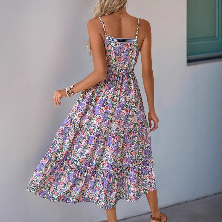Women’s Maxi Dress - Floral Print - Spaghetti Strap - Drawstring Waist - Flowing Fit