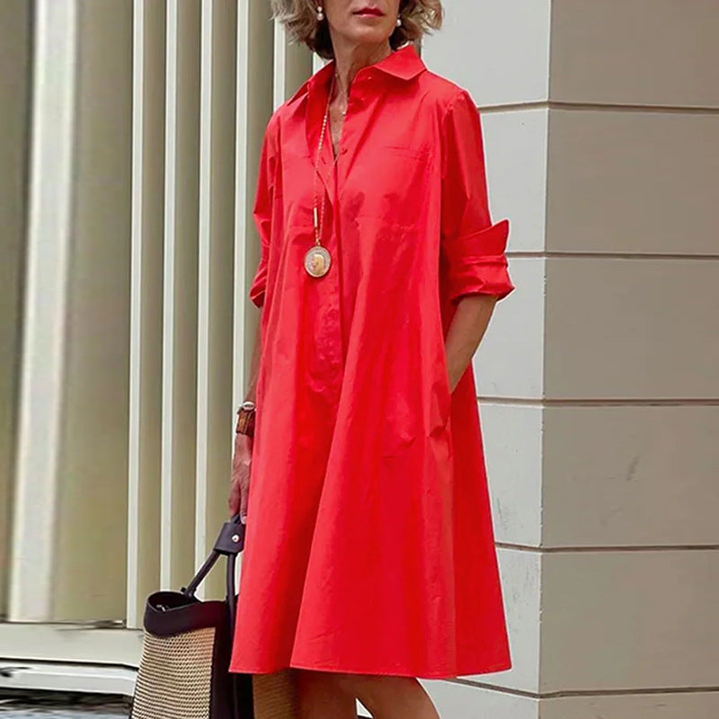 Women's A-Line Shirt Dress - Half Button Down - Long Sleeve - Classic Collar - Knee Length