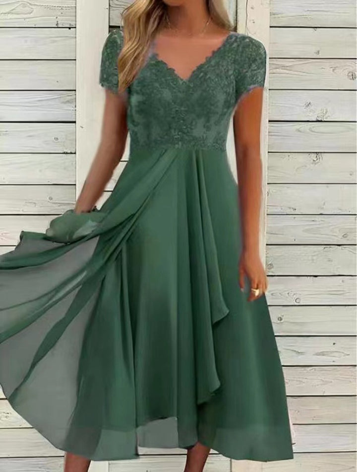 Women's Maxi Dress - Short Sleeve - V-Neck Lace Bodice