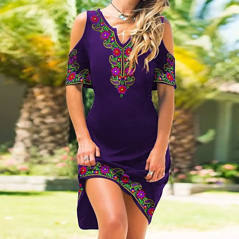 Women’s Dress - Fitted Silhouette - Cold Shoulder - Embroidered Detail - Asymmetrical Hem