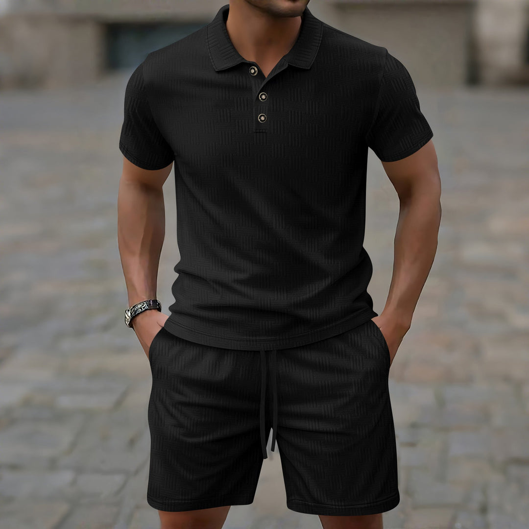Men’s Casual Set – Short-Sleeve T-Shirt – Slim Fit – Textured Fabric – Button Placket – Collared Neckline