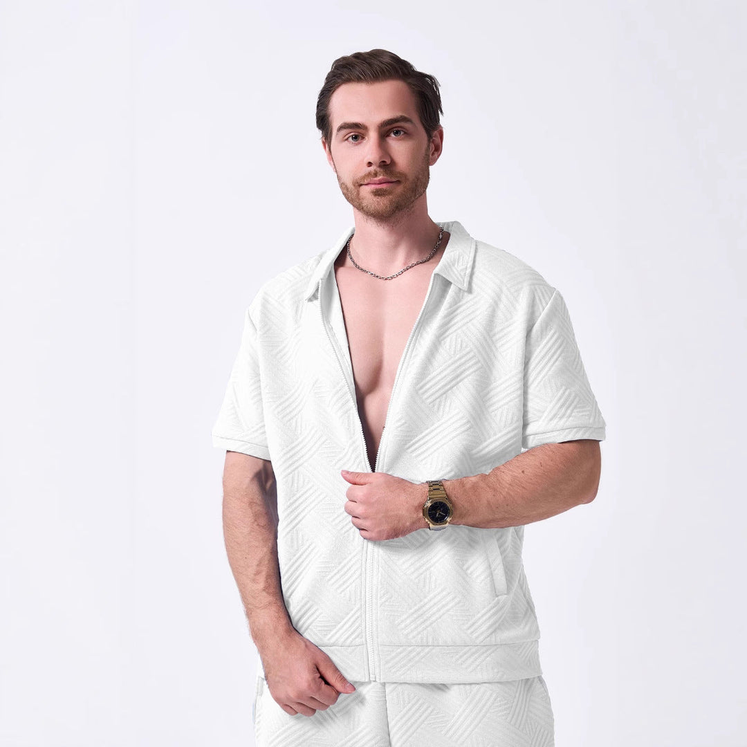 Men’s Short Sleeve Shirt – Relaxed Fit – Textured Cotton – Zip Front Casual Style