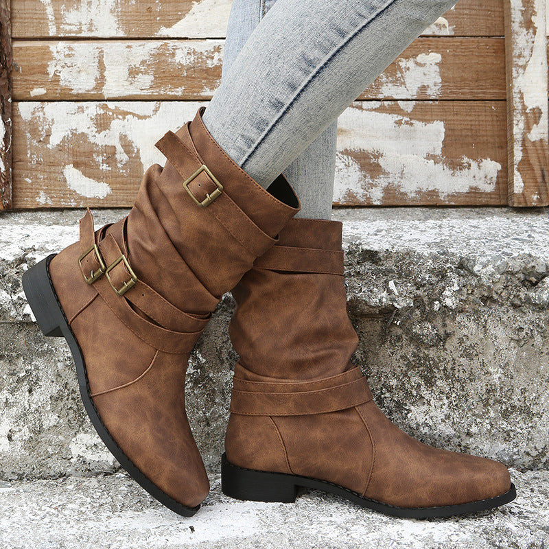Women’s Mid-Calf Boots – Faux Leather – Buckle Straps – Slouch Fit – Casual Everyday Wear