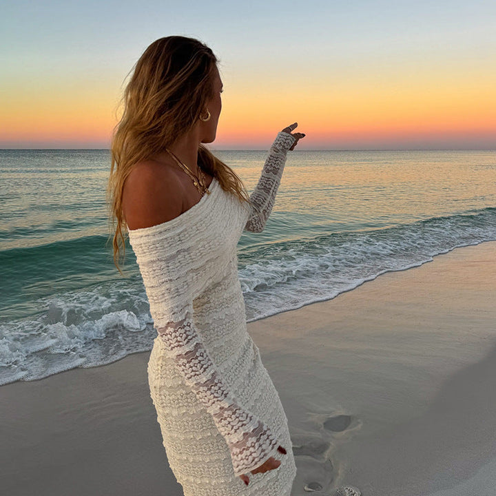 Women’s Maxi Dress - Lace Fabric - Slim Fit - Off-Shoulder Long Sleeve Elegant Style