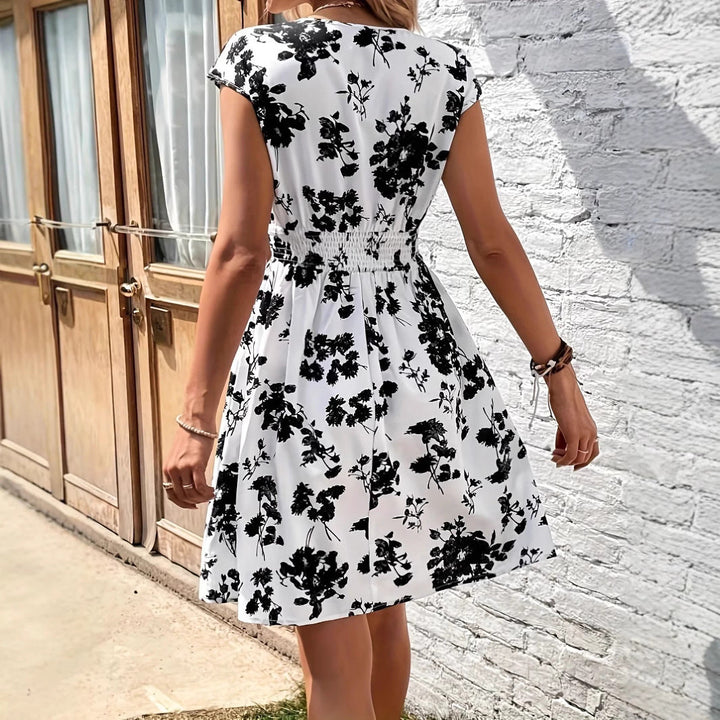Women’s A-Line Dress – Deep V-Neck – Flutter Sleeves – Smocked Waist – Breathable Blend