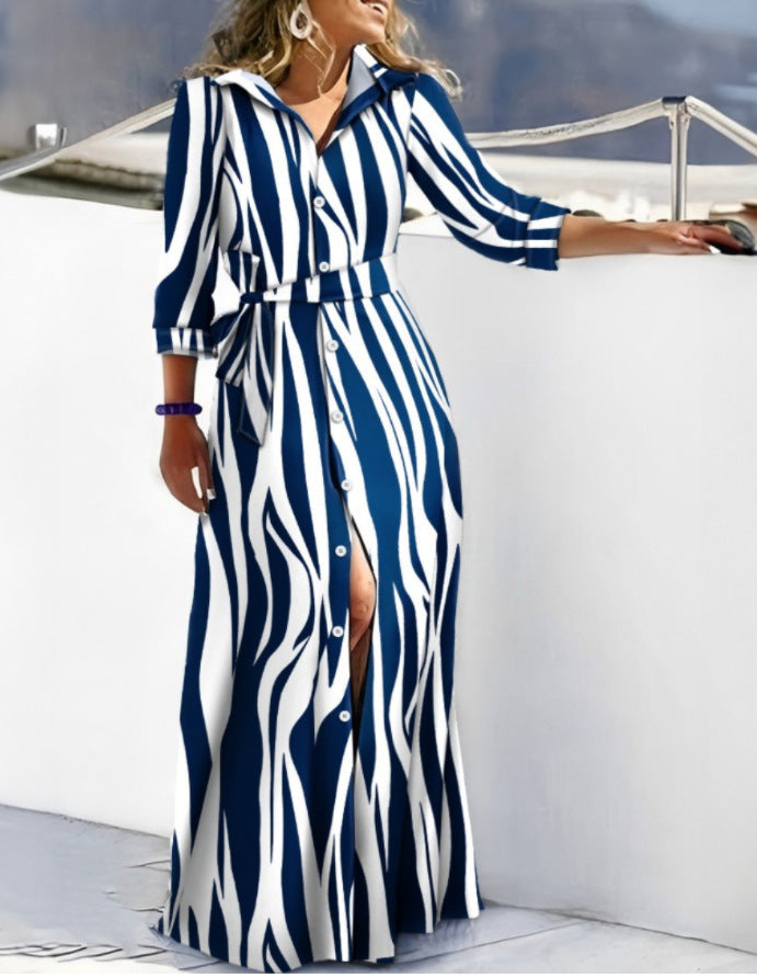 Women’s Shirt Dress – Belted Waist – Long Sleeve – Button Front – Abstract Print