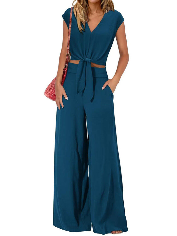 Women’s Two-Piece Set - V-Neck Crop Top Tie Front - High-Waist Wide-Leg Pants