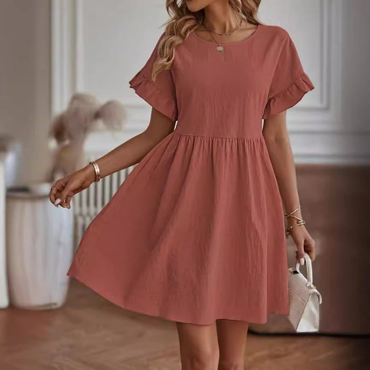 Women’s Short Dress – Lightweight Cotton Blend – Ruffle Sleeve – Round Neck – Above Knee