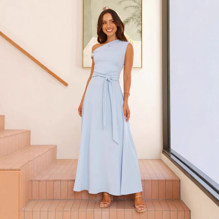 Women’s Maxi Dress – One-Shoulder Neckline – Waist Belt – A-Line Silhouette – Elegant Fit