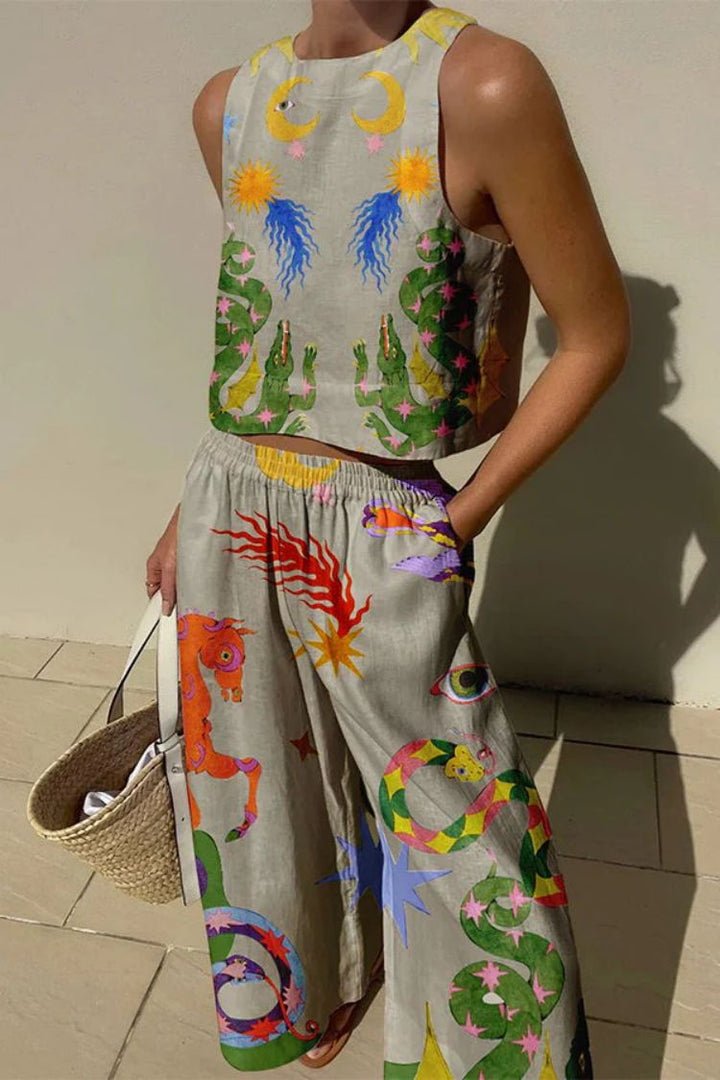 Women’s Two-Piece Set – Sleeveless Crop Top & Wide-Leg Pants – Relaxed Fit – Lightweight