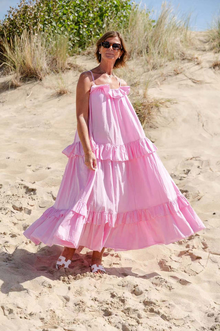 Women’s Maxi Dress - Lightweight Cotton - Ruffle Neckline - Tiered Skirt - Spaghetti Straps