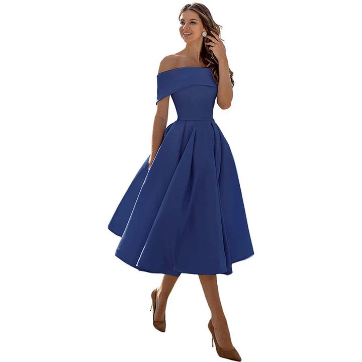 Women's Off-the-Shoulder Midi Dress - Fitted Bodice - Pleated Flared Skirt - Elegant Formal Wear