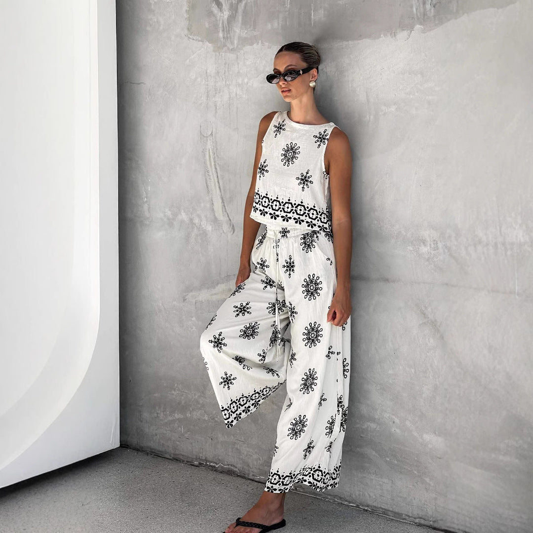 Women’s Two-Piece Set – Embroidered Crop Top & High-Waist Wide-Leg Pants – Lightweight Fabric