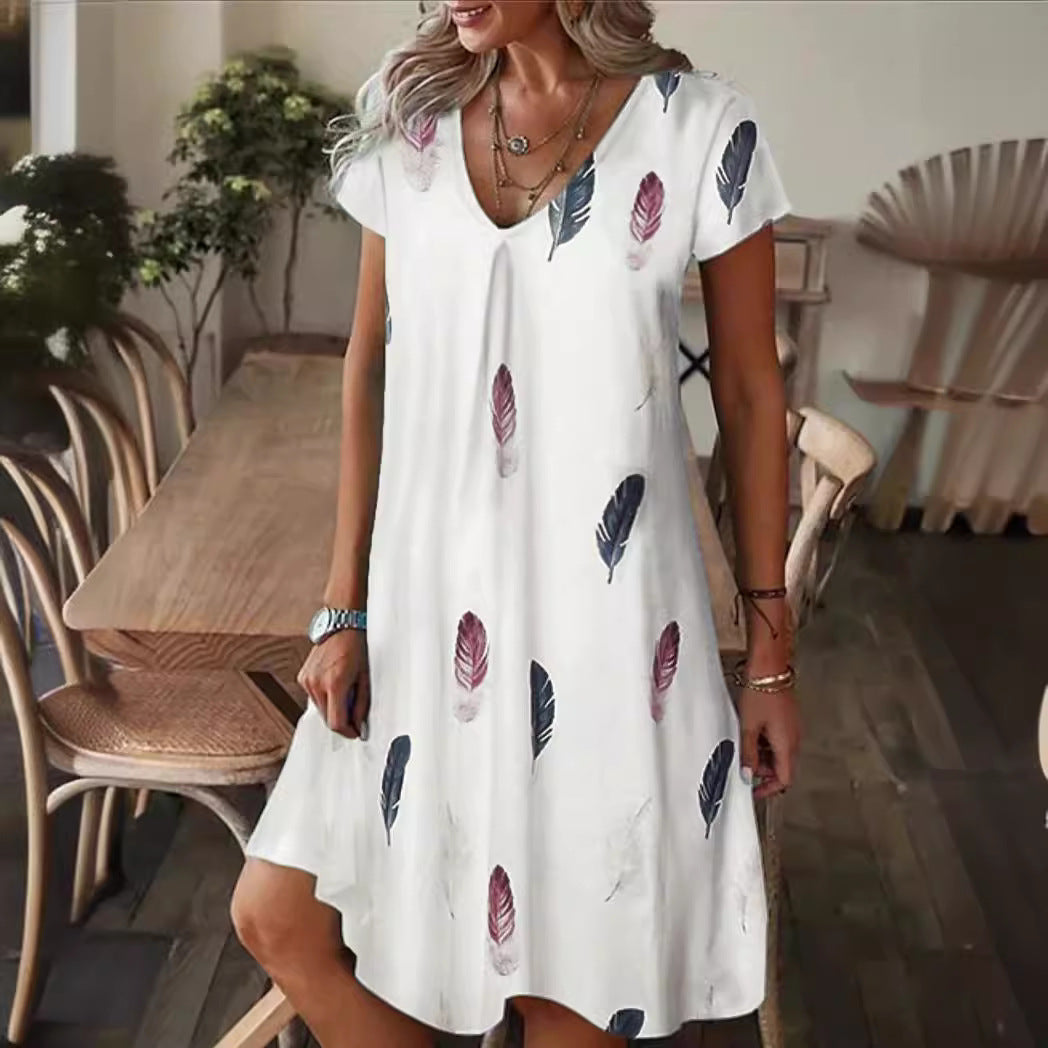 Women’s Dress – Floral Print – Loose Fit – V-Neck – Short Sleeve – Casual Wear