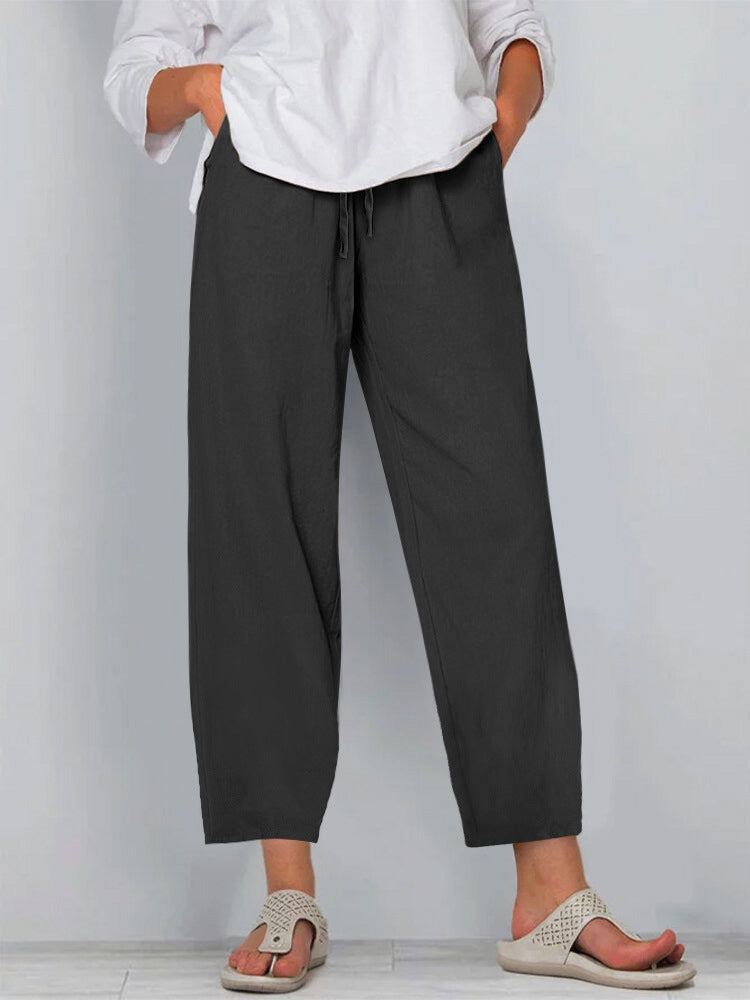 Women’s Wide-Leg Pants – Cotton Linen – Relaxed Fit – Elastic Waist with Drawstring – Full Length