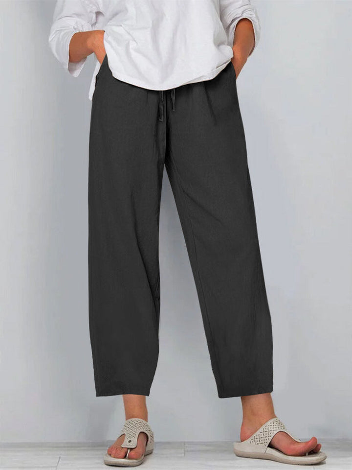 Women’s Wide-Leg Pants – Cotton Linen – Relaxed Fit – Elastic Waist with Drawstring – Full Length