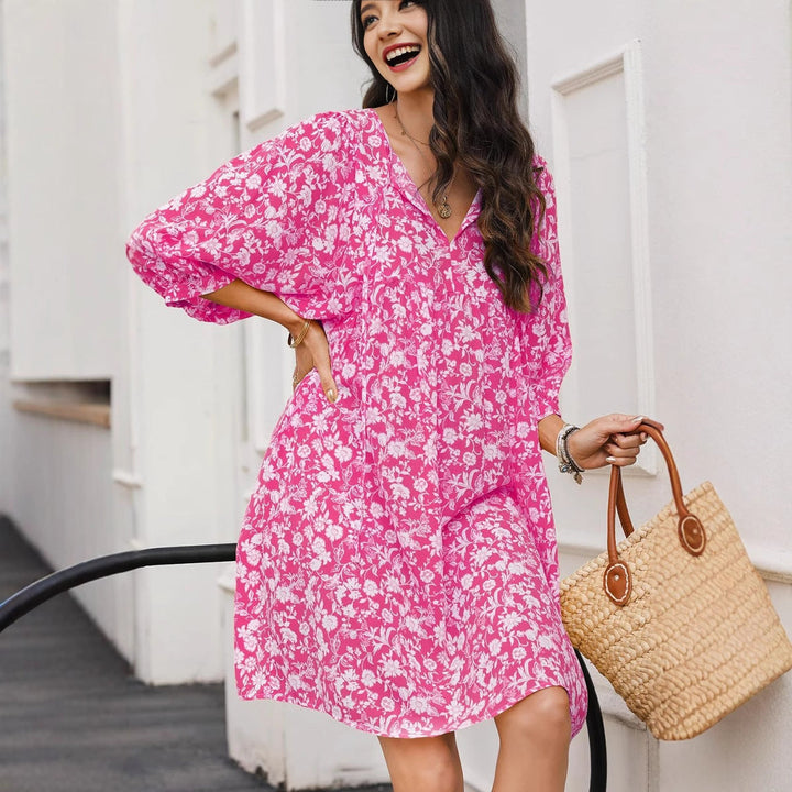 Women’s Midi Dress – V-Neck – Long Sleeve – Relaxed Fit – Floral Print – Lightweight Fabric