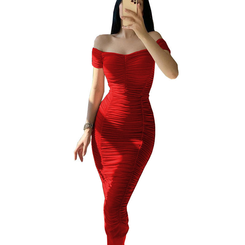 Women's Off-Shoulder Dress - Elegant Ruched Design - Figure-Hugging Silhouette