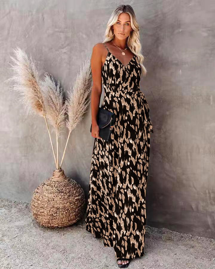 Women’s Long Dress – Slim Fit – V-Neck – Spaghetti Straps – Printed A-Line Silhouette