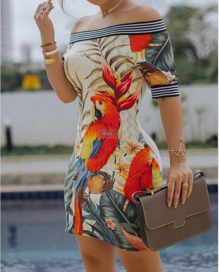 Women’s Off-Shoulder Dress - Slim Fit - Mini Length - Breathable Blend - Graphic Print